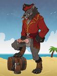  animal_genitalia animal_penis anthro badcoyote balls beach bottomless canine canine_penis clothed clothing cum cum_drip dripping erection grin holding_penis knot male mammal masturbation penile_masturbation penis pirate seaside smile solo standing wolf 