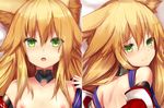  animal_ears backless_dress backless_outfit bare_shoulders blonde_hair blush breasts closed_mouth collar commentary_request cropped dakimakura detached_sleeves dress embarrassed eyebrows_visible_through_hair face fox_ears green_eyes haik hair_between_eyes kokonoe_tsubaki long_hair looking_at_viewer looking_back lying multiple_views nipples off_shoulder on_back on_bed on_stomach original parted_lips small_breasts 