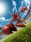  2017 action_pose adrianovidal87 ambiguous_gender depth_of_field detailed_background digital_drawing_(artwork) digital_media_(artwork) dutch_angle flag grass hi_res insect_wings low-angle_view nintendo pincers pok&eacute;mon reaching_towards_viewer red_body scizor signature sky solo stadium video_games wings yellow_eyes 