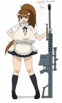  1girl :d apron breasts brown_eyes brown_hair full_body grin gun hand_on_waist huge_breasts long_hair looking_at_viewer nsaki88 open_mouth ponytail rifle sniper_rifle standing stockings taneshima_popura white_background working!! 