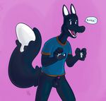  2017 5_fingers animal_genitalia anthro balls biped black_balls black_body black_claws blue_clothing bottomless canine claws clothed clothing dialogue digital_drawing_(artwork) digital_media_(artwork) dipstick_tail dripping english_text fangs fox front_view goo_creature humanoid_hands male mammal multicolored_tail newd newd_(fursona) open_mouth pawpads penis penis_tip pink_background pink_tongue portrait roaring sheath shirt simple_background solo speech_bubble standing text three-quarter_portrait tongue two_tone_body vertical_bar_eyes white_body white_eyes white_pawpads 