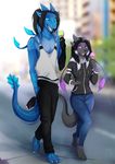  5_fingers anthro black_hair blakc_nose blue_eyes blurred_background clothed clothing day digital_media_(artwork) female hair hybrid lizard lycangel male open_mouth outside purple_eyes reptile scalie smile standing teeth tongue 