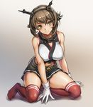  bare_shoulders between_legs black_skirt breasts brown_hair closed_mouth flipped_hair full_body gloves gradient gradient_background green_eyes grey_background hair_between_eyes hand_between_legs headgear kantai_collection kneehighs kneeling large_breasts leaning_forward looking_at_viewer metal_belt midriff mutsu_(kantai_collection) pleated_skirt red_legwear short_hair skirt smile solo striped striped_legwear wan89 white_gloves 