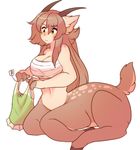  2016 absurd_res bandage breasts brown_hair cervine clothing deertaur dress female freckles green_eyes hair hi_res horn long_hair mammal raikissu simple_background solo taur white_background 