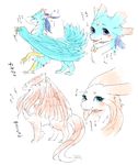  blue_eyes blue_feathers blue_fur blush dragon eyelashes eyes_closed feathers female fur furred_dragon japanese_text jewelry multi_ear multiple_images necklace open_mouth open_smile pink_fur scales shido_ya smile talons text traditional_media_(artwork) translation_request watercolor_(artwork) white_fur wings 