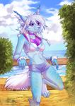  2017 5_fingers anthro barefoot breasts canine day detailed_background digitigrade eyelashes female hair imanika inner_ear_fluff mammal midriff navel outside purple_eyes sky smile solo white_hair 