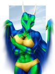  2016 alpha_channel anthro breasts claws clothed clothing dragon female green_eyes horn jocarra looking_at_viewer navel pinup pose scalie smile solo standing 