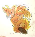  2017 blue_eyes canine fluffy fluffy_tail fox fur hi_res male mammal miles_prower mirikun multi_tail sonic_(series) tail_grab tail_hug 