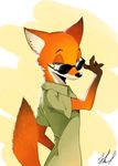  2017 4_fingers anthro black_nose canine clothed clothing disney eyewear fox fur green_eyes hi_res imptumb looking_at_viewer male mammal nick_wilde signature simple_background smile smirk solo sunglasses zootopia 