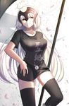  ahoge black_legwear black_shirt breasts collarbone fate/grand_order fate_(series) floating_hair hand_on_hip highres jeanne_d'arc_(alter)_(fate) jeanne_d'arc_(fate)_(all) large_breasts long_hair looking_at_viewer shirt silver_hair smile solo standing thighhighs very_long_hair xue_fengzi yellow_eyes 