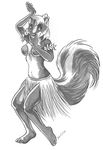  2007 anthro breasts caribou_(artist) clothing dancing female flower hula mammal monochrome plant simple_background skirt skunk solo white_background 