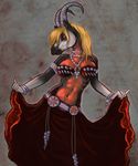 2017 5_fingers antelope anthro blonde_hair breasts caribou_(artist) curved_horn female hair horn mammal navel red_eyes solo 