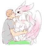  blue_eyes blush brown_hair clothed clothing cute dragon duo eyes_closed female fully_clothed fur furred_dragon hair hug human kissing male mammal one_eye_closed pink_fur shido_ya white_fur 