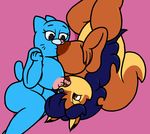  2017 anthro areola big_breasts blue_fur blue_hair breast_suck breasts canine carmelita_fox cartoon_network cat digital_media_(artwork) duo feline female female/female fox fur hair huge_breasts licking mammal mr.under nicole_watterson nipples simple_background sly_cooper_(series) sucking the_amazing_world_of_gumball tongue tongue_out video_games 