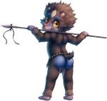  2017 alpha_channel bitfly brown_fur butt clothed clothing digital_media_(artwork) fur grass_skirt loincloth looking_back male mammal melee_weapon monkey polearm pomm primate short_tail signature simple_background skimpy smile solo spear standing transparent_background tribal weapon yellow_eyes young 