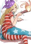  american_flag american_flag_legwear american_flag_shirt arm_support bare_back blonde_hair clownpiece crotch_seam eyebrows_visible_through_hair fairy_wings feet_out_of_frame fire from_behind grin hair_between_eyes half-closed_eyes hat head_tilt highres holding jester_cap long_hair looking_at_viewer looking_back lying m92fs neck_ruff on_side pantyhose polka_dot print_legwear red_eyes sharp_teeth short_sleeves simple_background smile solo star star_print striped striped_legwear teeth torch touhou white_background wings 