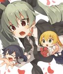  &gt;_&lt; anchovy anzio_school_uniform bangs belt black_cape black_hair black_neckwear black_skirt blonde_hair bouquet braid cape carpaccio chibi closed_eyes dress_shirt drill_hair dutch_angle emblem eyebrows_visible_through_hair flower girls_und_panzer green_eyes green_hair highres holding long_hair long_sleeves looking_at_another minigirl miniskirt multiple_girls necktie open_mouth pantyhose pepperoni_(girls_und_panzer) petals pleated_skirt red_eyes school_uniform seramikku shirt short_hair side_braid skirt smile surprised twin_drills twintails wavy_mouth white_shirt 