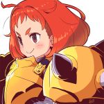  1girl ahoge armor bangs blush brown_eyes closed_mouth commentary_request copyright_request from_side pauldrons red_hair reiesu_(reis) signature simple_background smile solo spikes upper_body white_background 