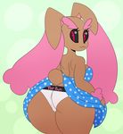  2017 :3 absurd_res anthro anthrofied arm_tuft big_breasts big_butt biped black_nose black_sclera blue_clothing blue_topwear boy_shorts breasts brown_fur brown_tail butt camel_toe clothing clothing_lift digital_drawing_(artwork) digital_media_(artwork) dotted_background dress dress_lift eyebrows eyelashes female floppy_ears fur green_background hi_res lagomorph legs_together long_ears looking_back lopunny mammal multicolored_fur nintendo pattern_background pink_fur pok&eacute;mon pok&eacute;morph portrait presenting presenting_hindquarters rear_view red_eyes shiny_pok&eacute;mon short_tail side_boob simple_background smile solo somescrub spotted_clothing standing thick_eyebrows thick_thighs three-quarter_portrait two_tone_fur underwear video_games voluptuous white_bottomwear white_clothing 