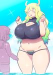  1girl bare_arms bare_legs blush breasts cleavage cleavage_cutout eyes_closed happy highres horns huge_breasts impossible_clothes kobayashi-san_chi_no_maidragon legs long_hair magatsuchi_shouta multicolored_hair navel ocean outdoors parted_lips partially_submerged plump pubic_hair quetzalcoatl_(maidragon) sky sleeveless smile standing swimsuit tetrodotoxin thick_thighs thighs thong water 