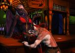  5_fingers anthro avian bird breasts canine clothed clothing corvid crow detailed_background digital_media_(artwork) dog duo female hair jackrow licking male male/female mammal red_hair tongue tongue_out topless 