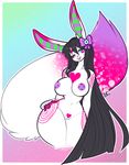 big_breasts big_tail black_hair black_nose blue_eyes blush breasts female fluffy fluffy_tail gradient_background hair hi_res lagomorph long_hair mammal navel nipples one_eye_closed open_mouth purple_areola purple_nipples pussy rabbit ribbons simple_background smile solo tehbuttercookie thick_thighs wide_hips wink 