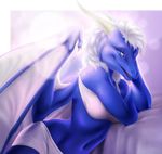  2016 alpha_channel anthro blue_eyes blue_scales breasts claws clothed clothing dragon female hair horn jocarra looking_at_viewer navel pinup pose reclining scales scalie simple_background smile solo teeth tongue white_hair wings 