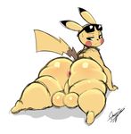  2017 anus backsack balls big_booty_pikachu big_butt butt eyewear girly huge_butt looking_at_viewer looking_back lying male nintendo nude on_front perineum pikachu pok&eacute;mon simple_background starykrow sunglasses sweat thick_thighs video_games white_background wide_hips 