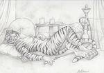 5_fingers anthro breasts detailed_background digitigrade feline female fur looking_at_viewer lying mammal nipples nude pawpads rukis sketch smile solo striped_fur stripes tiger 