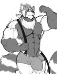  2014 5_fingers abs anthro bandanna big_muscles big_tail biped boxers_(clothing) bulge clothed clothing cursedmarked digital_media_(artwork) eyebrows flexing fluffy fluffy_tail front_view greyscale head_tuft long_tail looking_at_viewer male mammal monochrome muscular muscular_male neckerchief nipples pecs portrait pose red_panda signature simple_background solo standing three-quarter_portrait topless trick_(tricksterd) underwear vein veiny_muscles white_background 