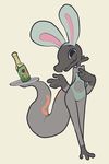  2017 3_toes 4_fingers alcohol anthro beverage big_tail bottle bunny_ears_(disambiguation) champagne clothed clothing female grey_body itsunknownanon looking_at_viewer navel nintendo pok&eacute;mon salandit skimpy smile solo standing toes video_games 