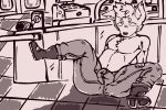  boots bulge canine clothed clothing counter footwear fox gregg_(nitw) jeans leaning leaning_back legs_up mammal night_in_the_woods pants partially_clothed salamikii smile smirk topless 