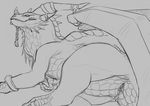  2017 alexstrasza animal_genitalia black_and_white claws cloaca digital_drawing_(artwork) digital_media_(artwork) dragon empty_eyes female feral folded_wings frill horizontal_cloaca horn_ring lying membranous_wings monochrome on_side pussy_juice rear_view scales scalie simple_background sketch solo spikes video_games warcraft western_dragon white_background wings yaroul 