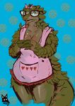  2016 3_fingers anthro apron biped blue_background blush breasts brown_eyes brown_skin claws cleavage clothed clothing cookie digital_drawing_(artwork) digital_media_(artwork) eyewear female food front_view glasses green_claws green_scales green_tail hair_bow hair_ribbon long_tail long_tongue looking_away mammal naked_apron newd pangolin pattern_background pink_clothing ribbons scales shy simple_background solo spiked_tail standing tongue tongue_out watermark 
