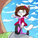  2017 anthro brown_eyes brown_hair cat clothed clothing cub cute digital_media_(artwork) eyewear fejess96 feline female fur glasses hair hi_res jessica_(fejess96) mammal open_mouth outside smile solo tricycle white_fur young 