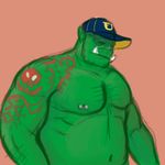  2017 alexyorim baseball_cap belly blur_(disambiguation) hat hi_res humanoid male musclegut muscular nipple_piercing nipples not_furry orc overweight pecs piercing tattoo tusks 