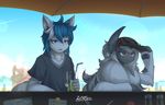  2017 absol absurd_res ambiguous_gender anthro beach beach_umbrella beverage black_fur blue_eyes canine clothed clothing duo_focus eyewear feline fluffy fox fur glasses group hair hat heat_(temperature) hi_res horn imminent_death mammal mane mountain multicolored_hair nintendo open_mouth outside pok&eacute;mon red_eyes sand seaside shade shirt straw sweat tongue tongue_out two_tone_hair umbrella video_games water white_fur white_pupils zinfyu zoroark 