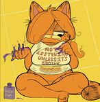  2017 4_fingers anthro big_breasts bottomless breasts cat clothed clothing colored_nails crossed_legs crossgender digital_media_(artwork) english_text feline female frown fur garfield garfield_(series) hair hair_over_eye half-closed_eyes kaboozey long_hair long_nails mammal messy orange_fur orange_hair overweight painting_nails purple_nails shirt sitting solo striped_tail stripes t-shirt text 