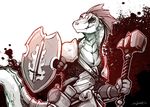  ambiguous_gender anthro armor dungeons_&amp;_dragons female holding_object holding_weapon lizard lizardfolk missing_eye reptile scalie shield smile solo spines tom_fischbach weapon 