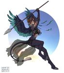  4_toes 5_fingers anthro araivis-edelveys barefoot black_nose breasts brown_hair clothed clothing digitigrade featheed_wings feline female hair holding_object holding_weapon horn hybrid mammal melee_weapon open_mouth polearm simple_background solo spear teeth toes tongue weapon 