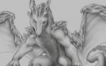 2017 animal_genitalia black_and_white digital_drawing_(artwork) digital_media_(artwork) dragon female feral front_view genital_slit horn in_heat membranous_wings monochrome narte&#039;ah_jinquarte open_mouth pussy_juice scales scalie simple_background sketch slit slit_pupils solo spikes spread_wings teeth tongue tongue_out western_dragon white_background wings yaroul 