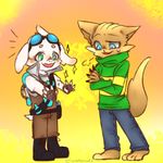  asriel_dreemurr backpack barefoot blue_eyes blush boots canine caprine clothes_swap clothing eyewear fennec flask footwear fox gloves goat goggles green_eyes jeans long_shirt male mammal paladins pants pip_(paladins) undertale video_games winterout1 