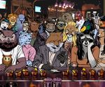  alcohol antelope anthro avian bar bear beverage billmund bird canine cellphone cervine chicken clothed clothing deer feline female fox fur gazelle group hair hi_res holding_object holding_phone inside leopard lion male mammal mouse owl pen phone raccoon rodent shirt sitting sloth smile snow_leopard suit t-shirt 