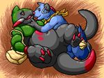  anthro anthrofied cuddling dewott digital_media_(artwork) dudebulge duo eye_contact flygon_(artist) fraxure lying male male/male mammal mostly_nude neckerchief nintendo nude on_back on_side open_mouth outside pixel_(artwork) pok&eacute;mon satchel scalie video_games 