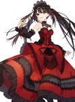 absurdres black_hair choker clock_eyes collarbone date_a_live detached_sleeves dress from_below gothic_lolita gun hair_ribbon hairband heterochromia highres holding holding_gun holding_weapon lolita_fashion lolita_hairband long_hair looking_at_viewer noco_(adamas) official_art parted_lips red_dress red_eyes red_ribbon ribbon simple_background smile solo standing strapless strapless_dress symbol-shaped_pupils tokisaki_kurumi twintails very_long_hair weapon white_background yellow_eyes 