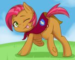  2017 babs_seed_(mlp) butt_focus cape clothing cloud cutie_mark earth_pony equine fearingfun feral freckles friendship_is_magic fur grass green_eyes hair hi_res hooves horse looking_at_viewer mammal my_little_pony one_eye_closed orange_fur outside pink_mane pony rear_view solo tongue tongue_out underhoof young 