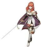  3d arm_guards armor bangs bare_shoulders black_legwear breastplate cape celica_(fire_emblem) detached_collar earrings fingerless_gloves fire_emblem fire_emblem_echoes:_mou_hitori_no_eiyuuou fire_emblem_musou full_body game_model gloves hair_ornament highres holding holding_sword holding_weapon jewelry official_art red_eyes red_hair skirt solo sword thighhighs tiara transparent_background weapon zettai_ryouiki 
