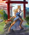  4_toes anthro araivis-edelveys blonde_hair breasts day detailed_background digitigrade feline female fur hair holding_object holding_weapon mammal orange_fur outside smile solo standing striped_fur stripes tiger toes weapon 