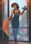  2017 absurd_res anthro apron black_nose blue_eyes breasts brown_fur brown_hair cafe canine cleavage clothed clothing dipstick_tail eyebrows female fluffy fluffy_tail fox full-length_portrait fur gloves_(marking) hair hi_res holding_object inside jeans mammal markings multicolored_tail niina_(woadedfox) pants ponytail portrait red_fur solo standing waiter woadedfox 