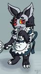  2017 anthro black_fur canine clothed clothing erection fur looking_at_viewer maid_uniform male mammal mightyena nintendo nulloffset pok&eacute;mon simple_background solo uniform video_games 